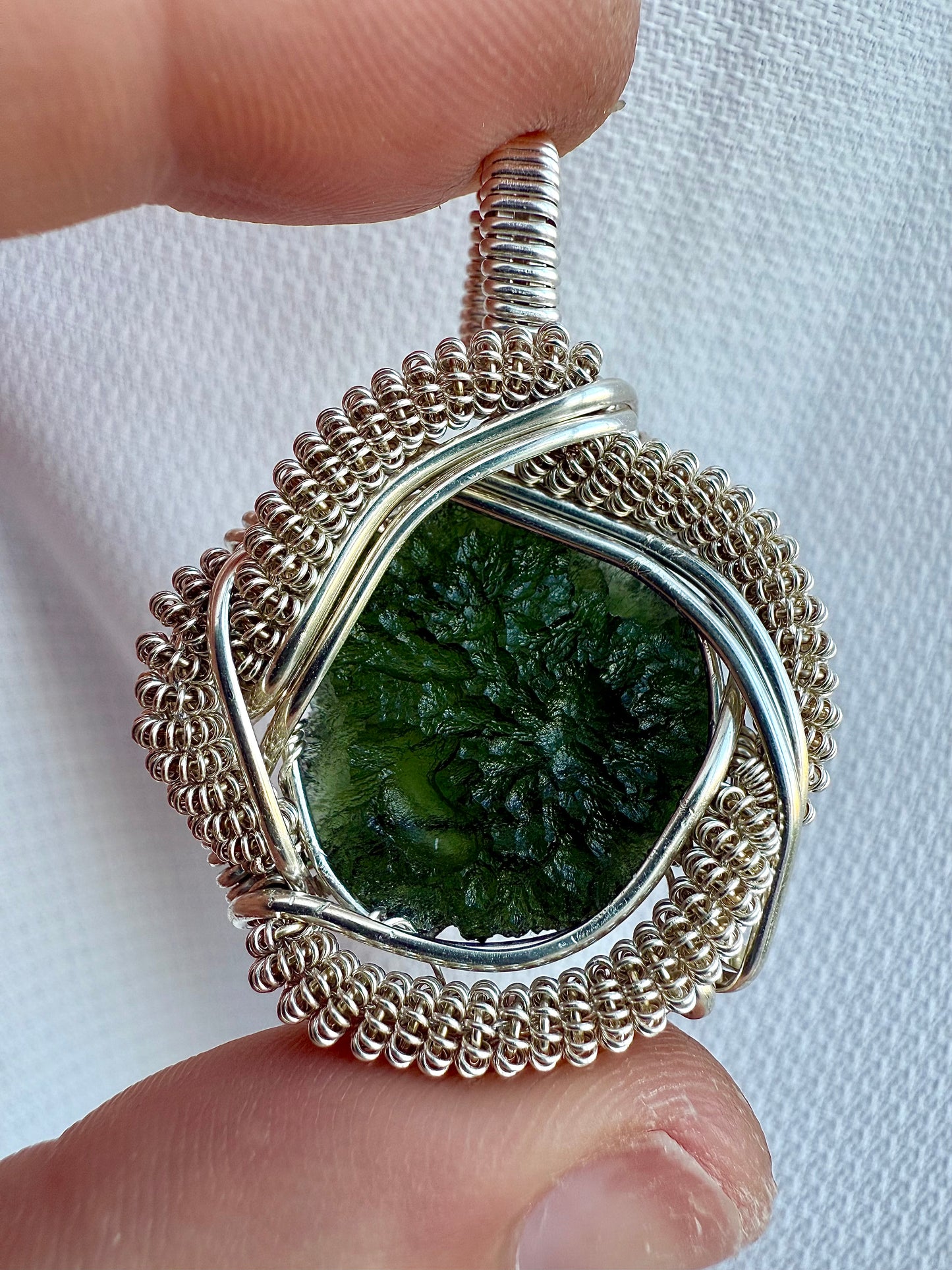 C112) Moldavite Pendant Necklace In Sterling Silver