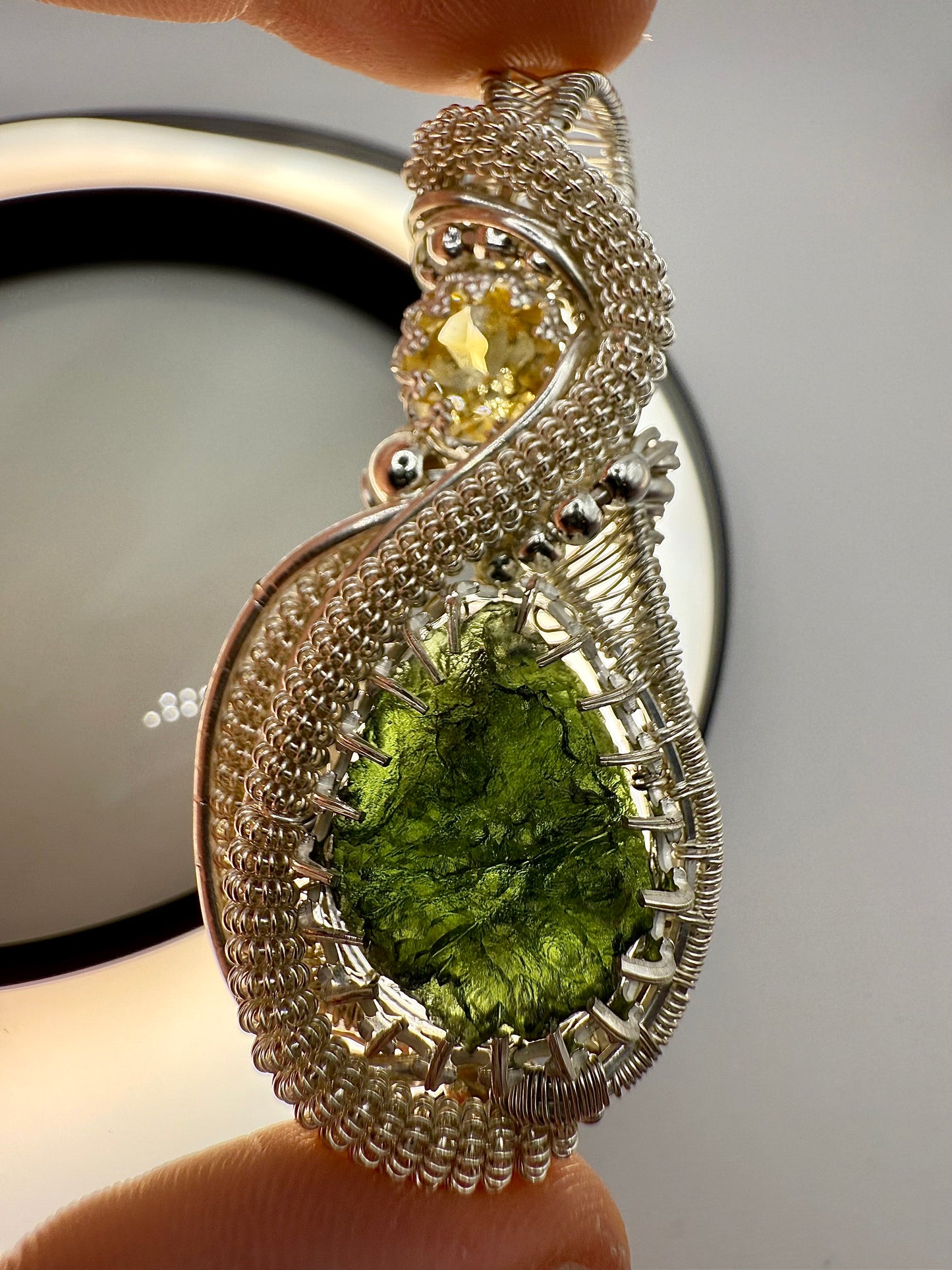 C112) Moldavite & Citrine Pendant Necklace In Sterling Silver