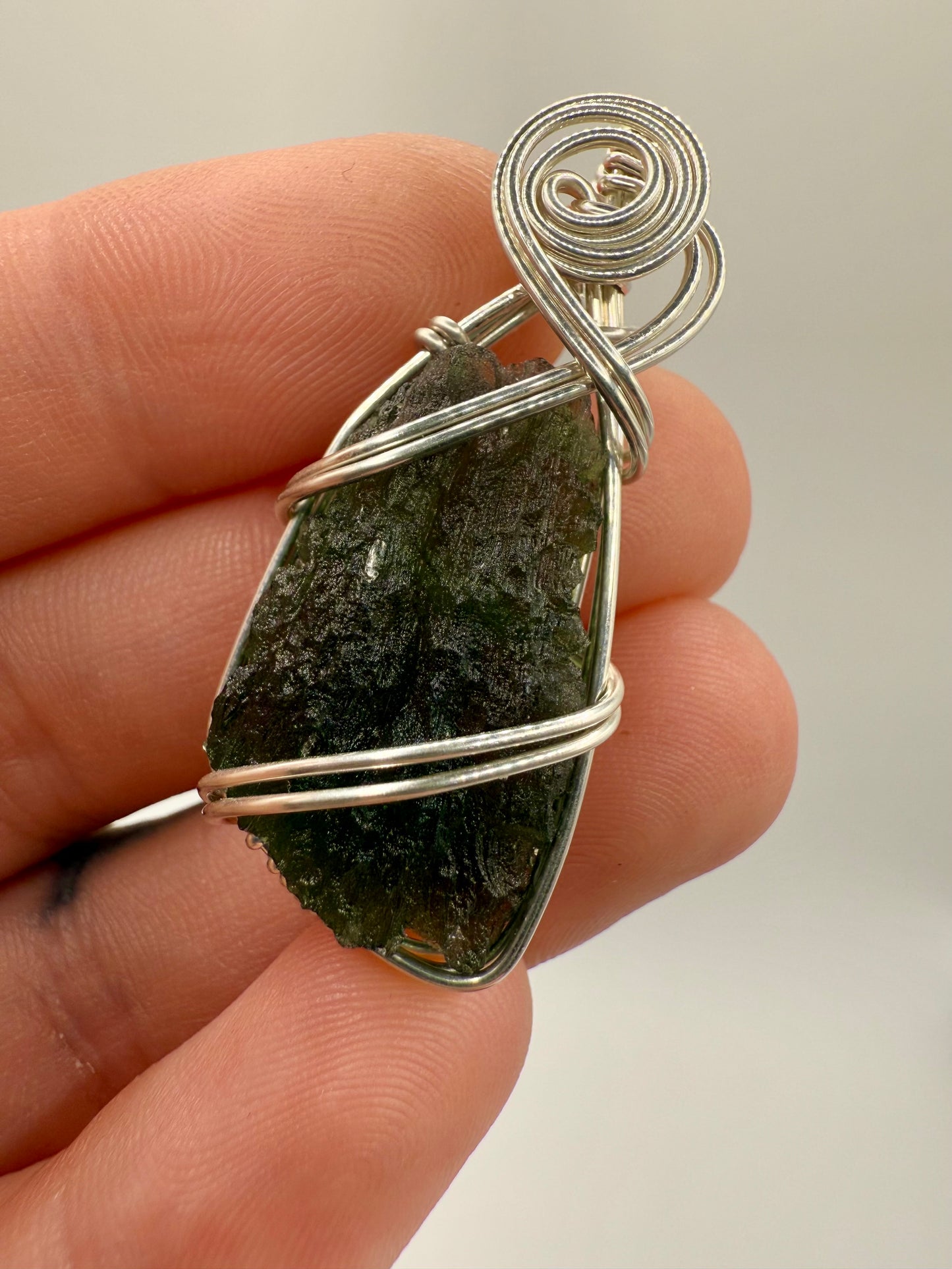 B112) Moldavite Pendant Necklace In Sterling Silver