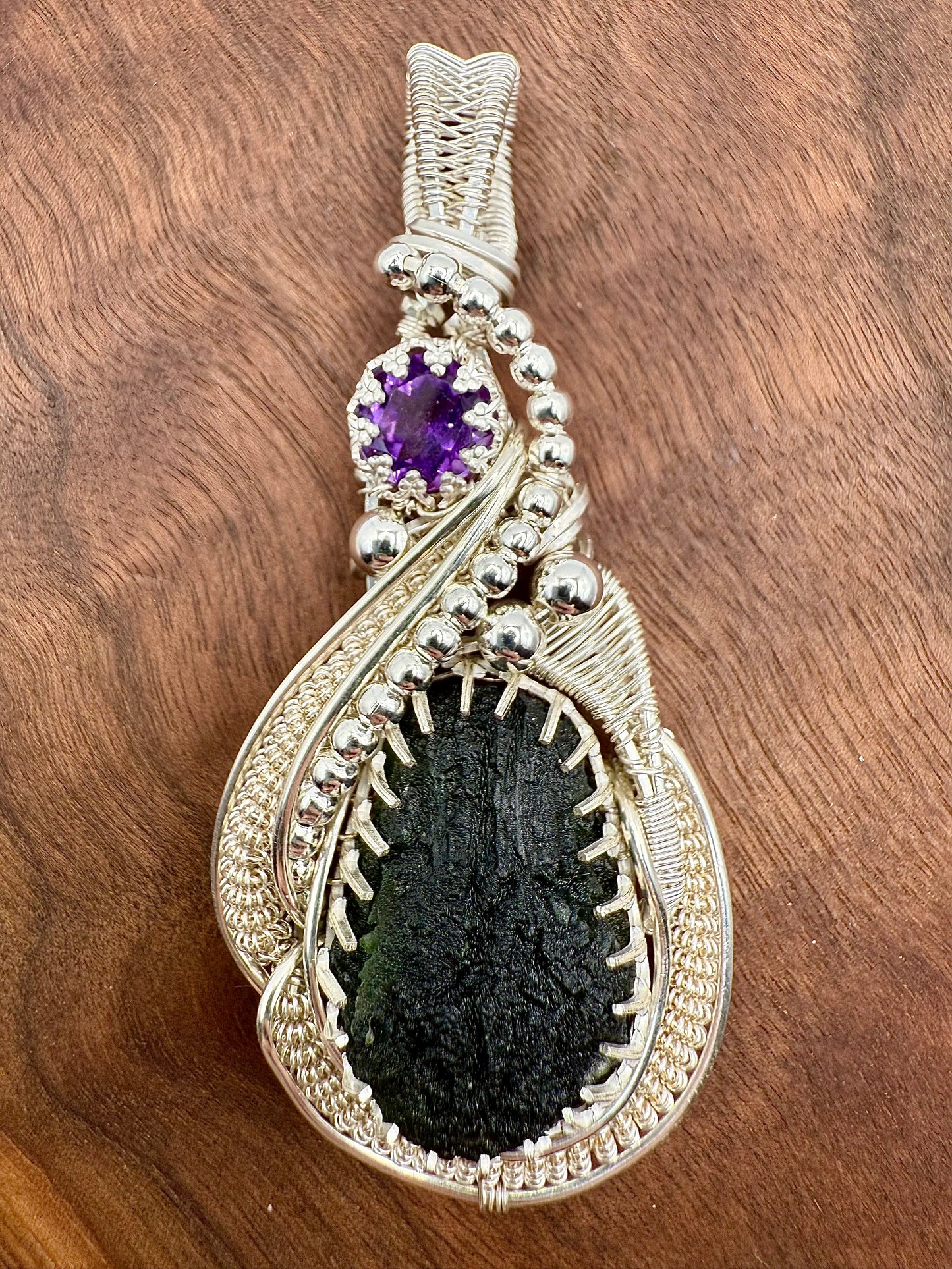 GG33) Moldavite & Amethyst Pendant Necklace In Sterling Silver