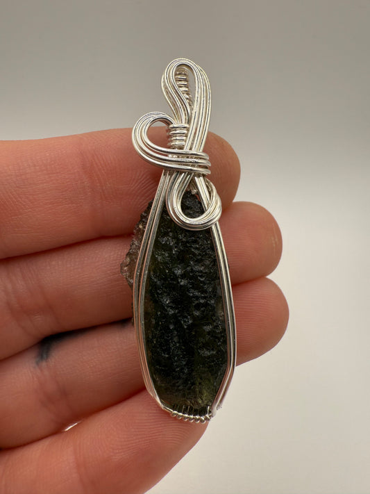 P112) Moldavite Pendant Necklace In Sterling Silver