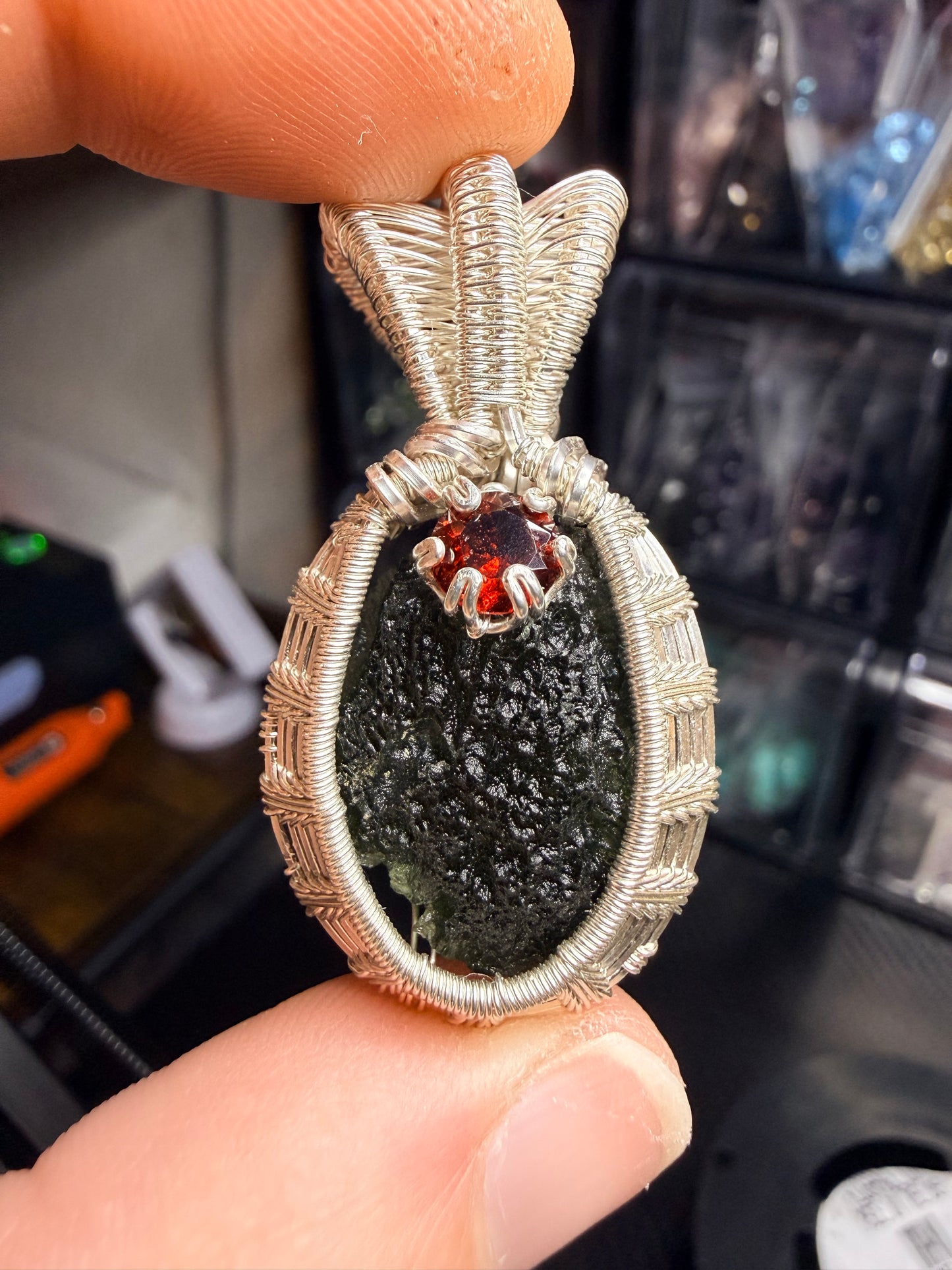 11VDS) Moldavite Pendant With Red Garnet Accent In Sterling Silver Pendant
