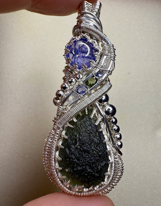 ZZ12) Moldavite & Tanzanite Pendant In Sterling Silver