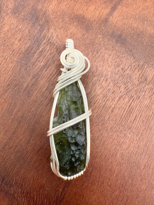 B112) Moldavite Pendant Necklace In Sterling Silver