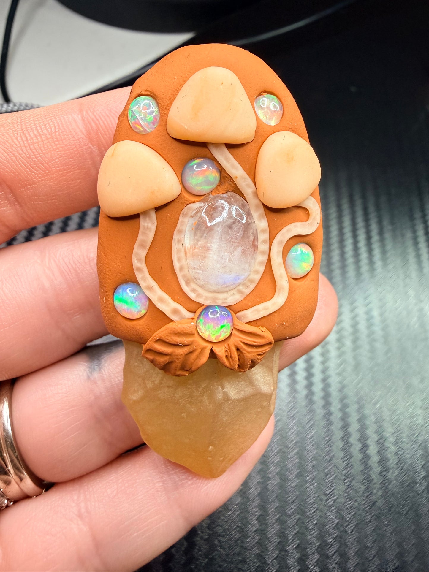 Libyan Desert Glass, Moonstone & Ethiopian Opal Clay Talisman – Handmade Spiritual Amulet – Solar Energy, Intuition & Divine Flow