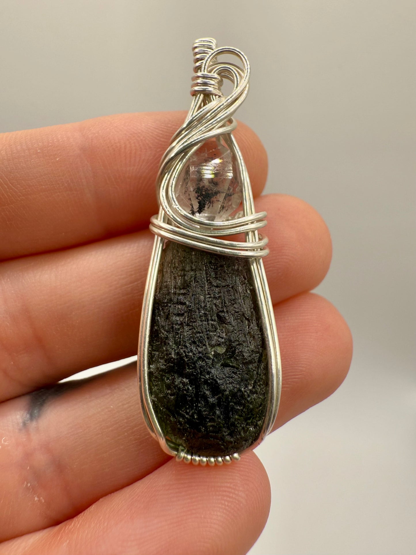 C11) Krasejovka Moldavite & Herkimer Diamond Pendant Necklace In Sterling Silver
