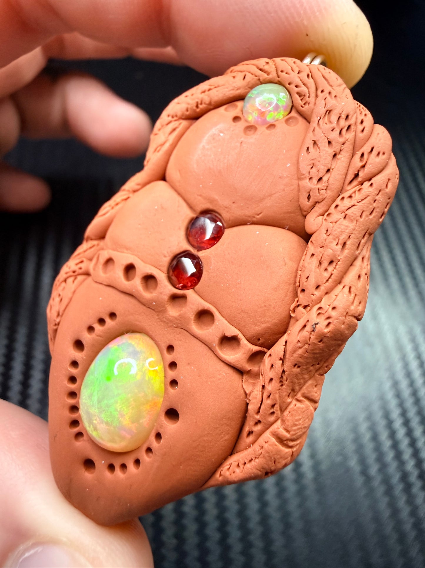 Goddess Talisman Necklace | Opal & Garnet Crystal Pendant | Divine Feminine Jewelry | Handmade Clay Spiritual Amulet | Passion & Heart Energy