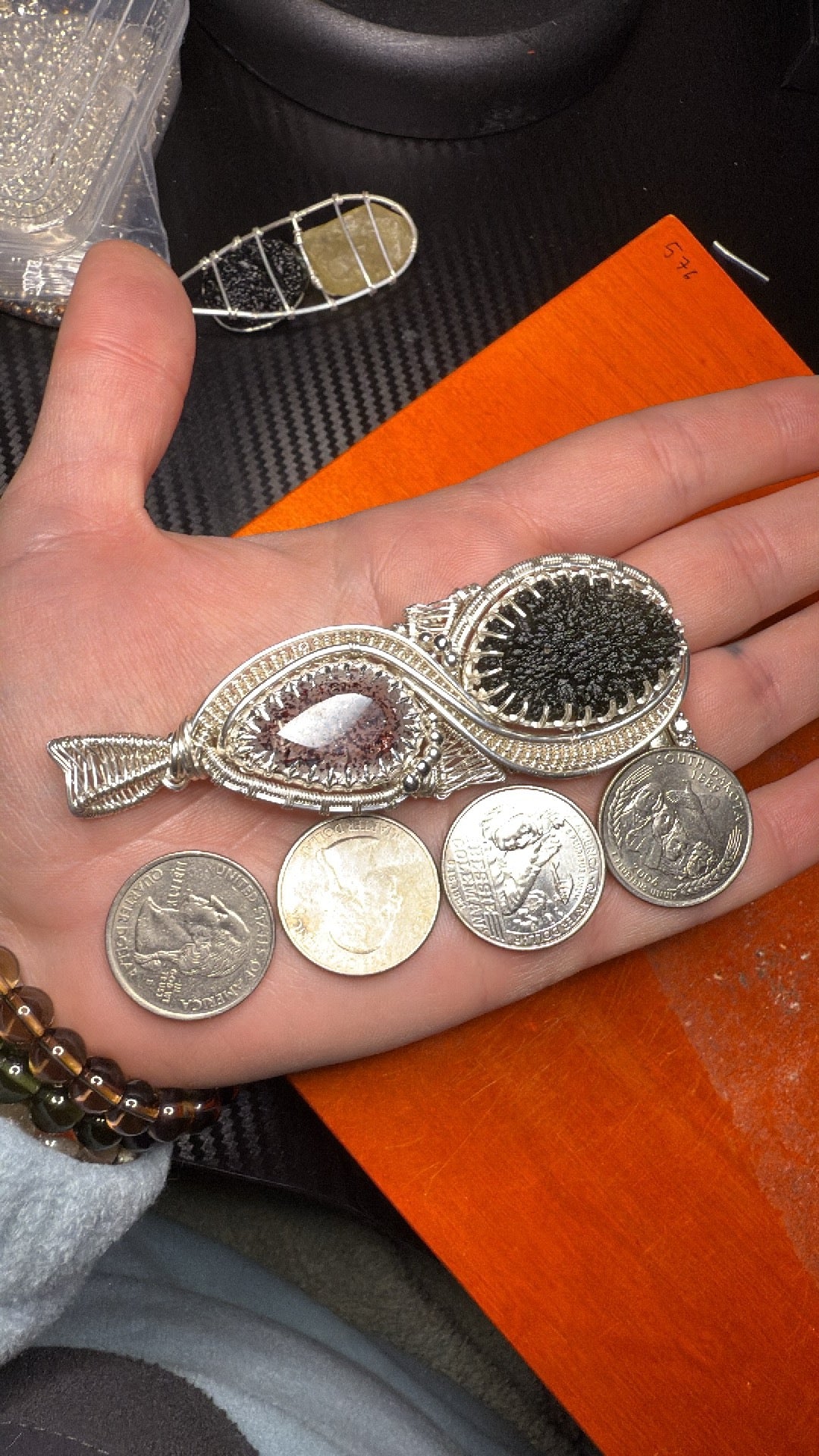 GG33) Large Moldavite & Super 7 Pendant NecklaceIn Sterling Silver