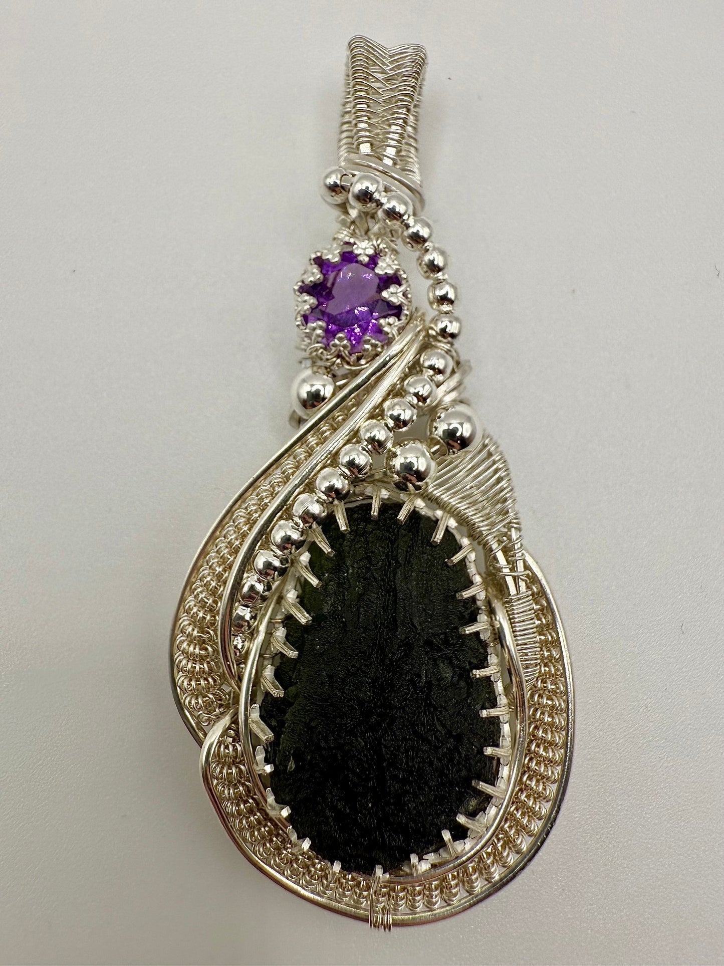 GG33) Moldavite & Amethyst Pendant Necklace In Sterling Silver