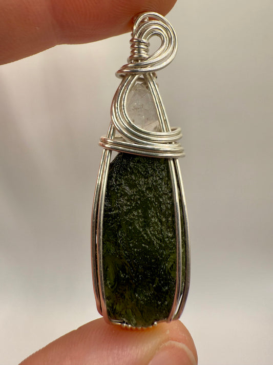 C11) Chlum Moldavite & Herkimer Diamond Pendant Necklace In Sterling Silver