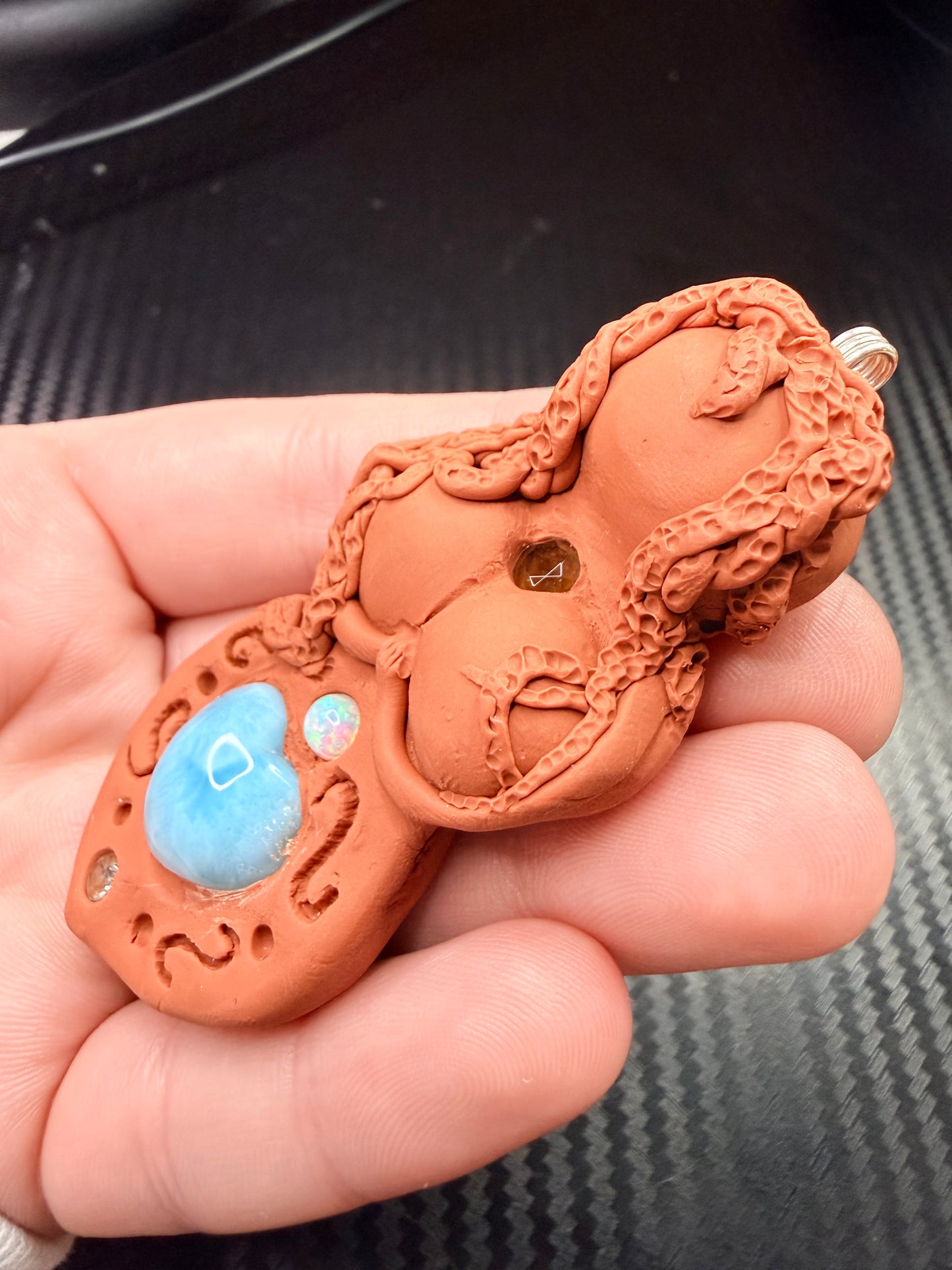 Goddess Talisman Necklace | Larimar, Opal, Moldavite & Blue Apatite | Divine Feminine Amulet | Handmade Clay Spiritual Jewelry | Chakra Healing Pendant