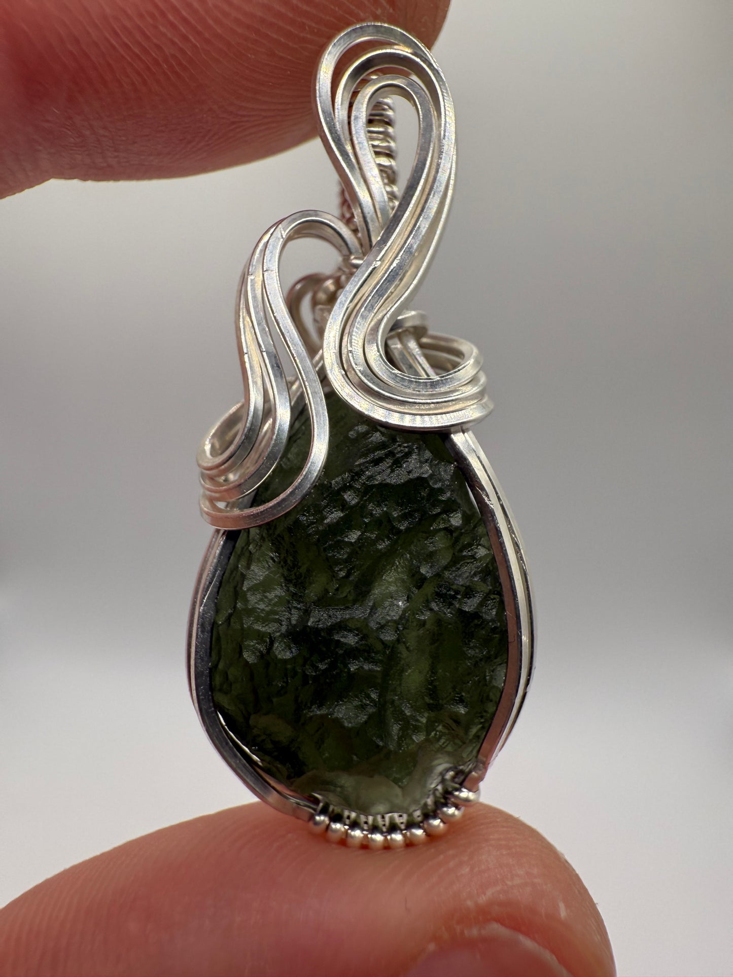 P112) Moldavite Pendant Necklace In Sterling Silver