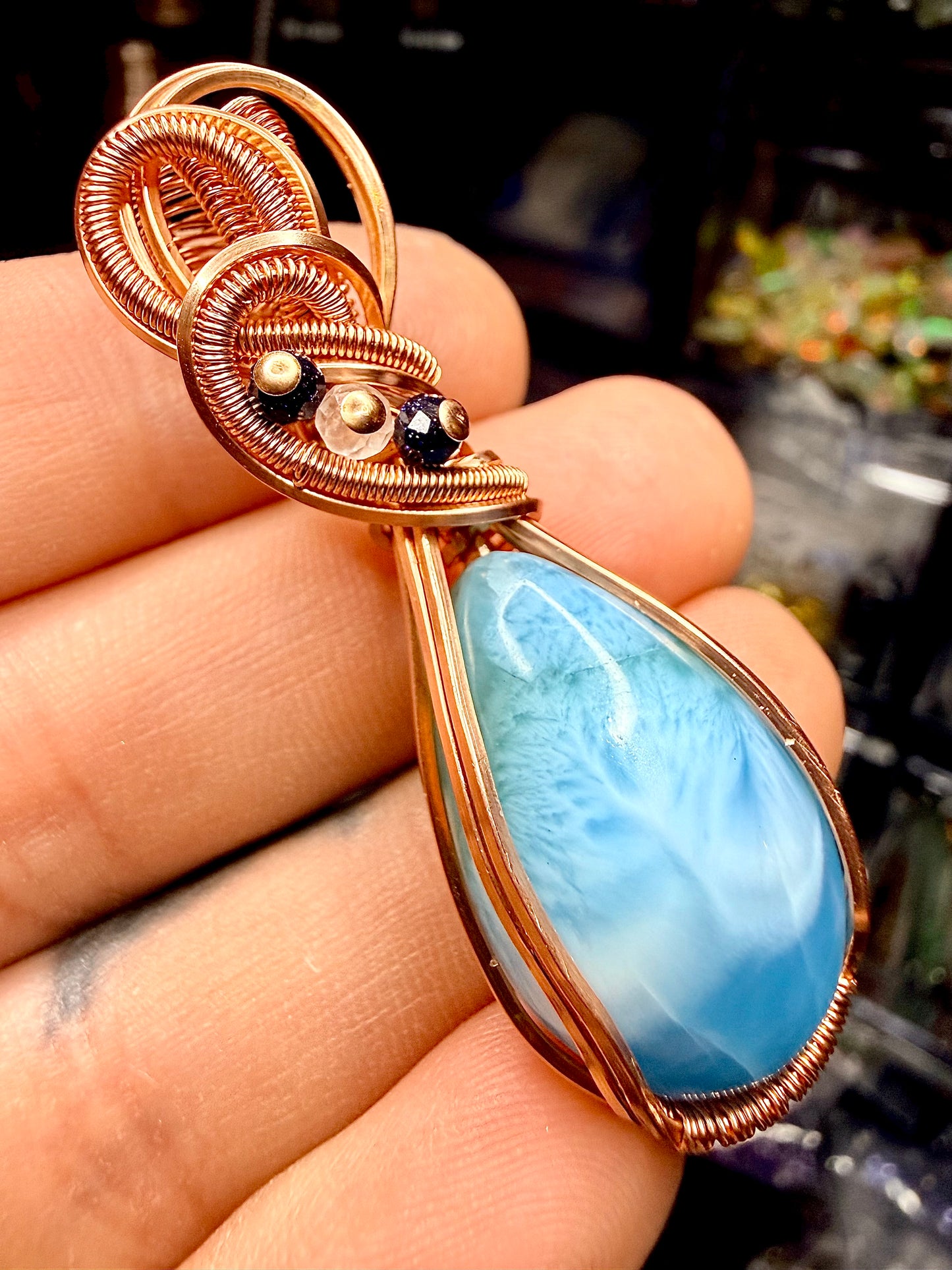 Larimar Pendant In Copper With Blue Goldstone & Clear Quartz Accents
