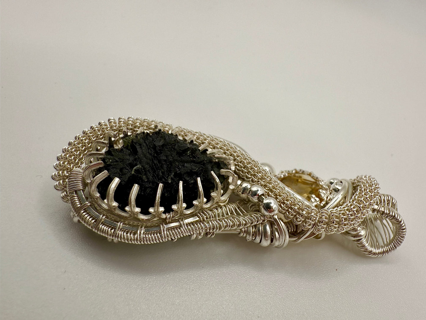 C112) Moldavite & Citrine Pendant Necklace In Sterling Silver