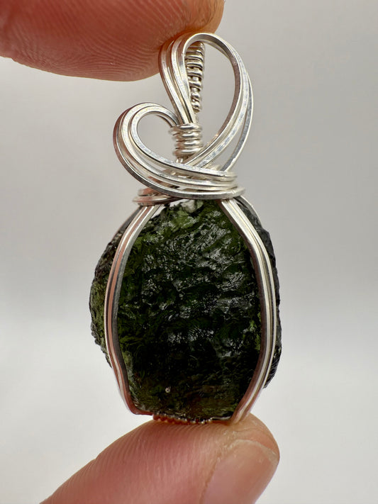 P112) Moldavite Pendant Necklace In Sterling Silver