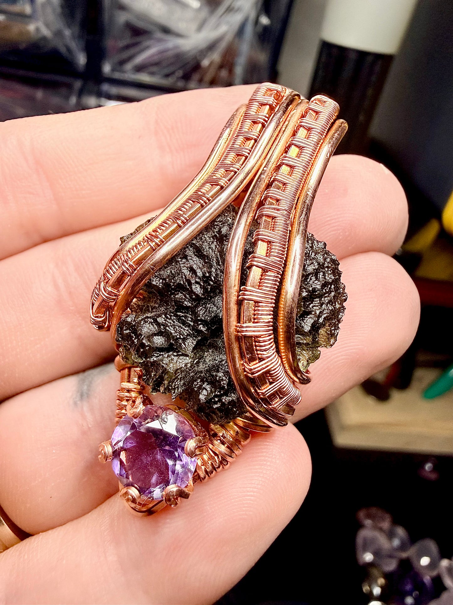 1MSS) Moldavite & Amethyst In Copper Pendant