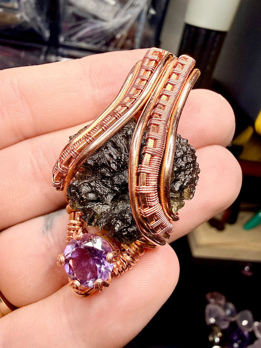 1MSS) Moldavite & Amethyst In Copper Pendant