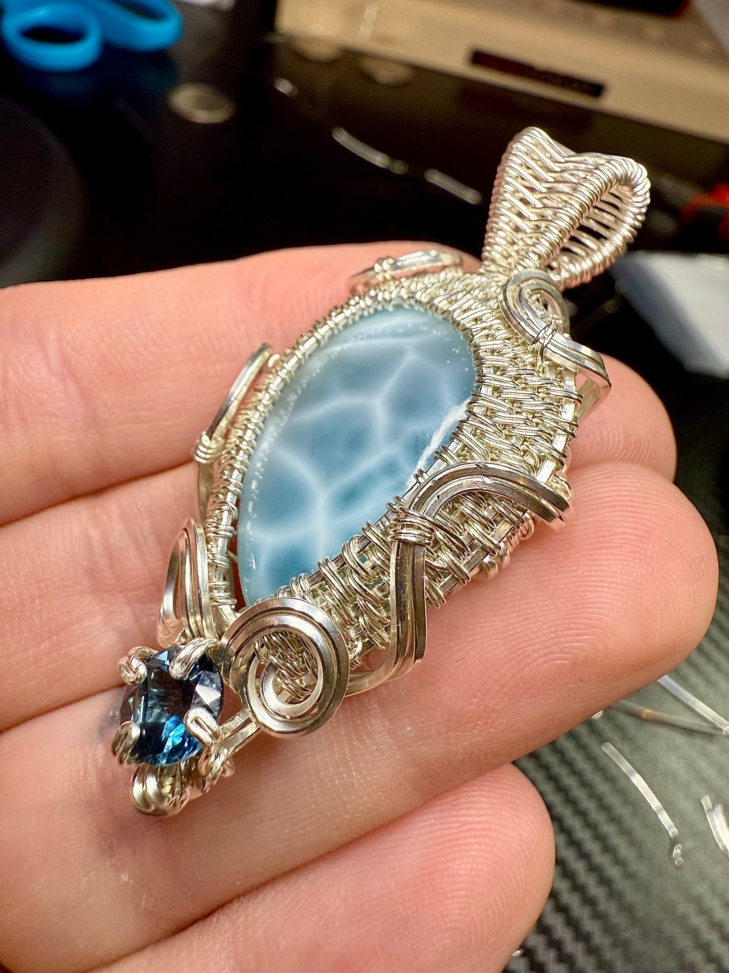 G112) Natural Larimar & London Blue Topaz In Sterling Silver Pendant Necklace