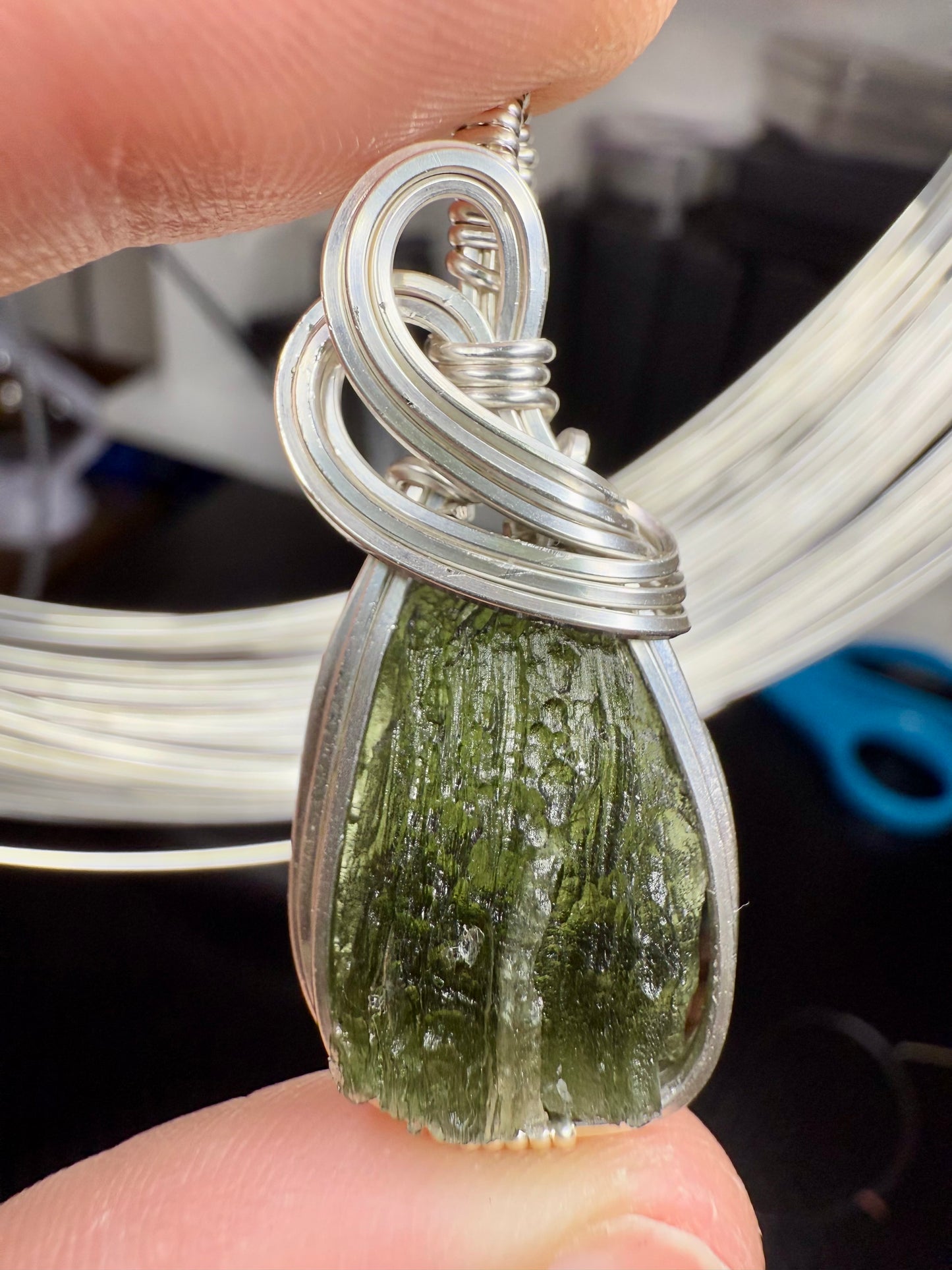 B112) Moldavite Pendant Necklace in Sterling Silver