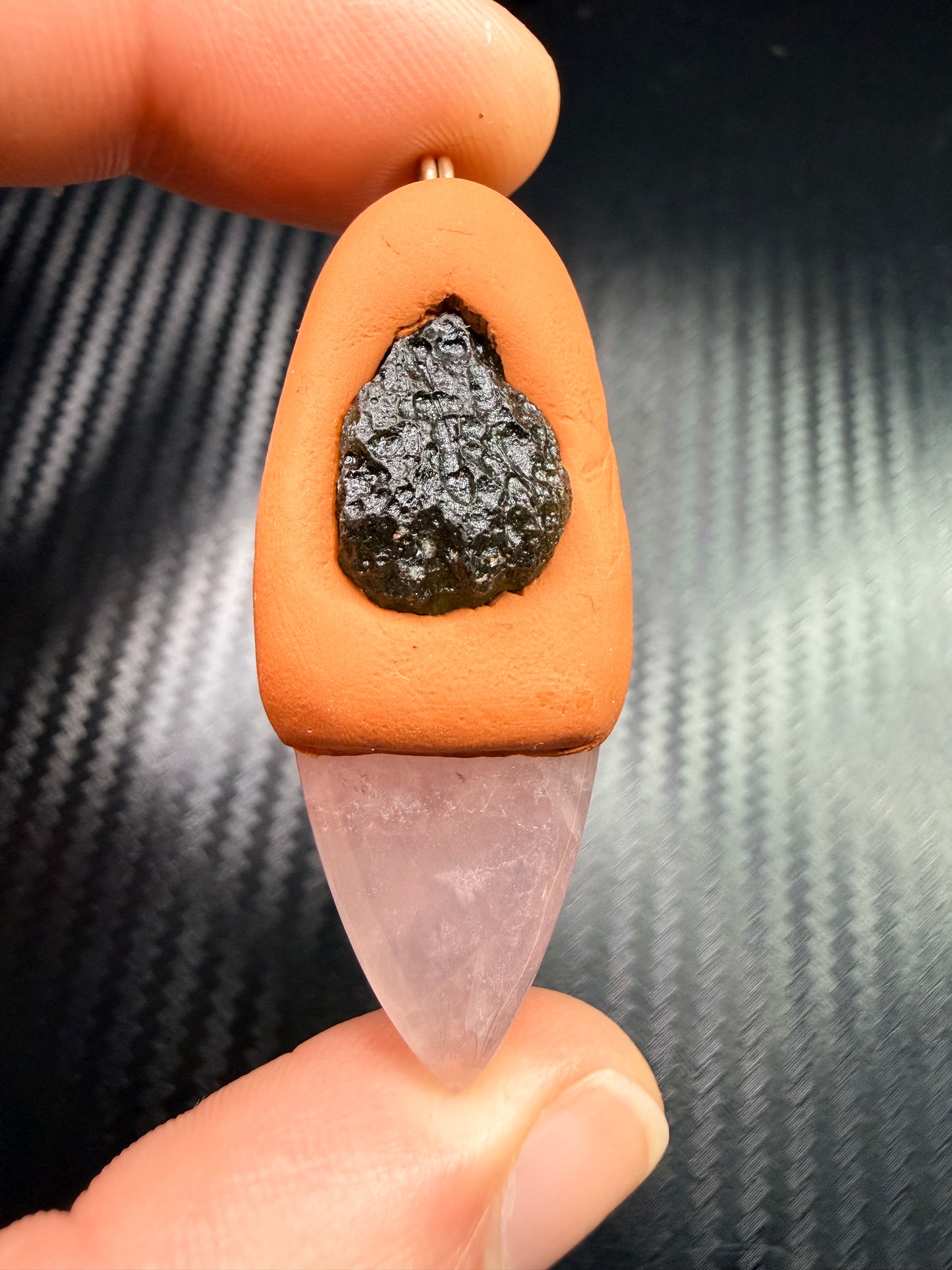 Rose Quartz & Moldavite Clay Talisman Pendant – Handmade Healing Amulet – Love & Transformation Energy