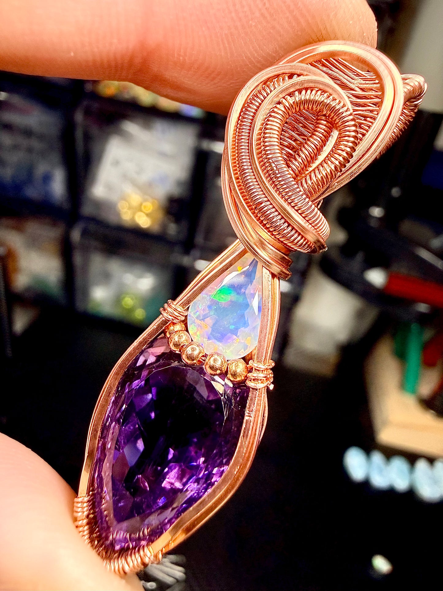 Large Amethyst & Opal Pendant In Copper