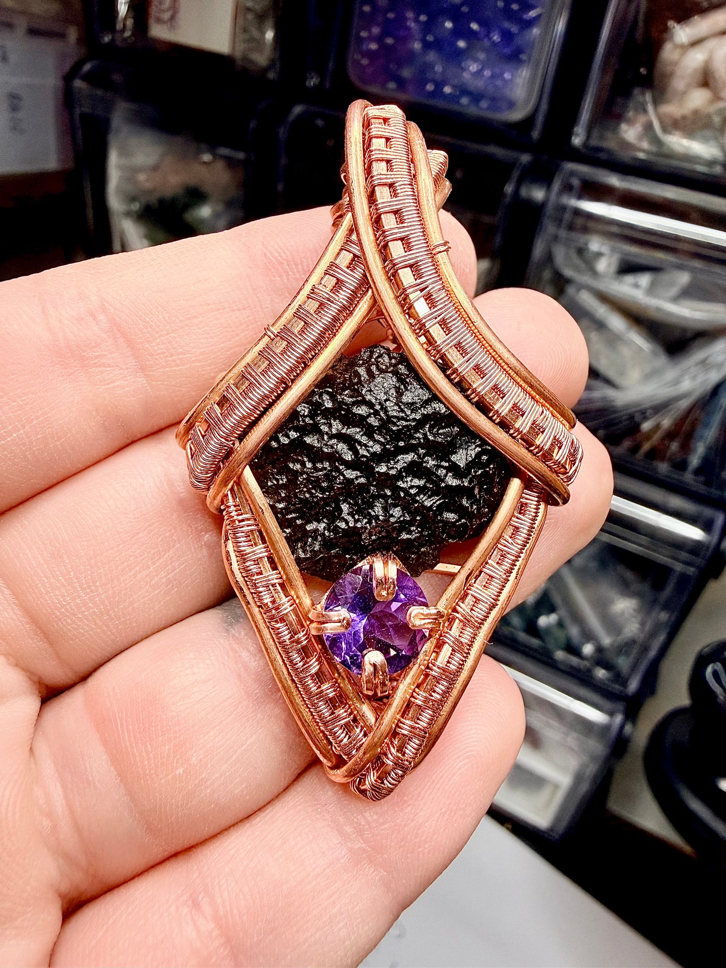 1MSS) Moldavite & Amethyst Pendant In Copper