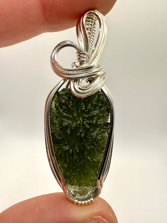 P112) Moldavite Pendant Necklace In Sterling Silver