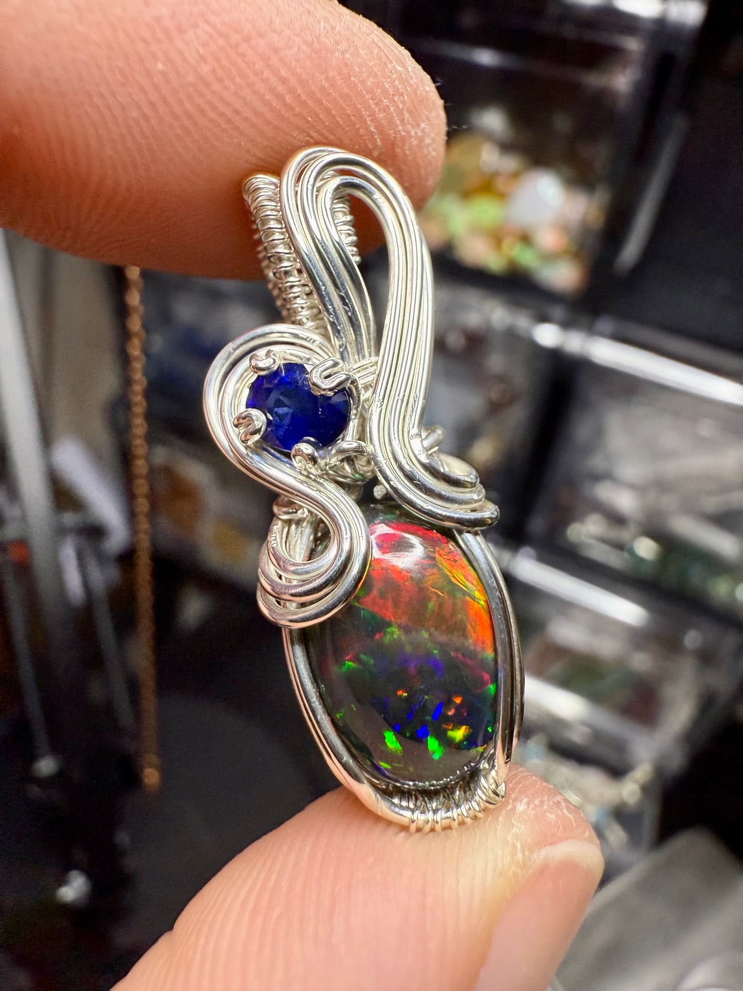 ZZ12) Opal & Sapphire Pendant in Sterling Silver