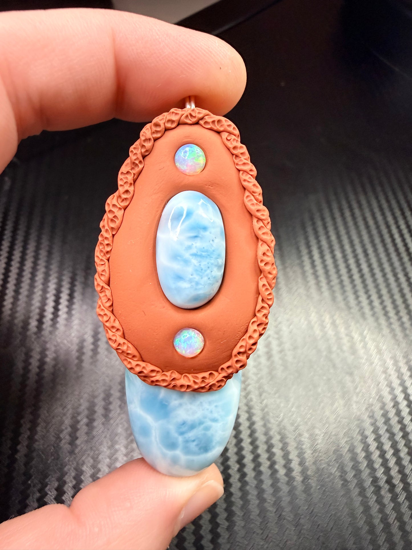 Larimar & Opal Flow Talisman Necklace | Double Larimar Pendant | Spiritual Alignment Jewelry | Handmade Clay Amulet | Ocean Energy Crystal Necklace
