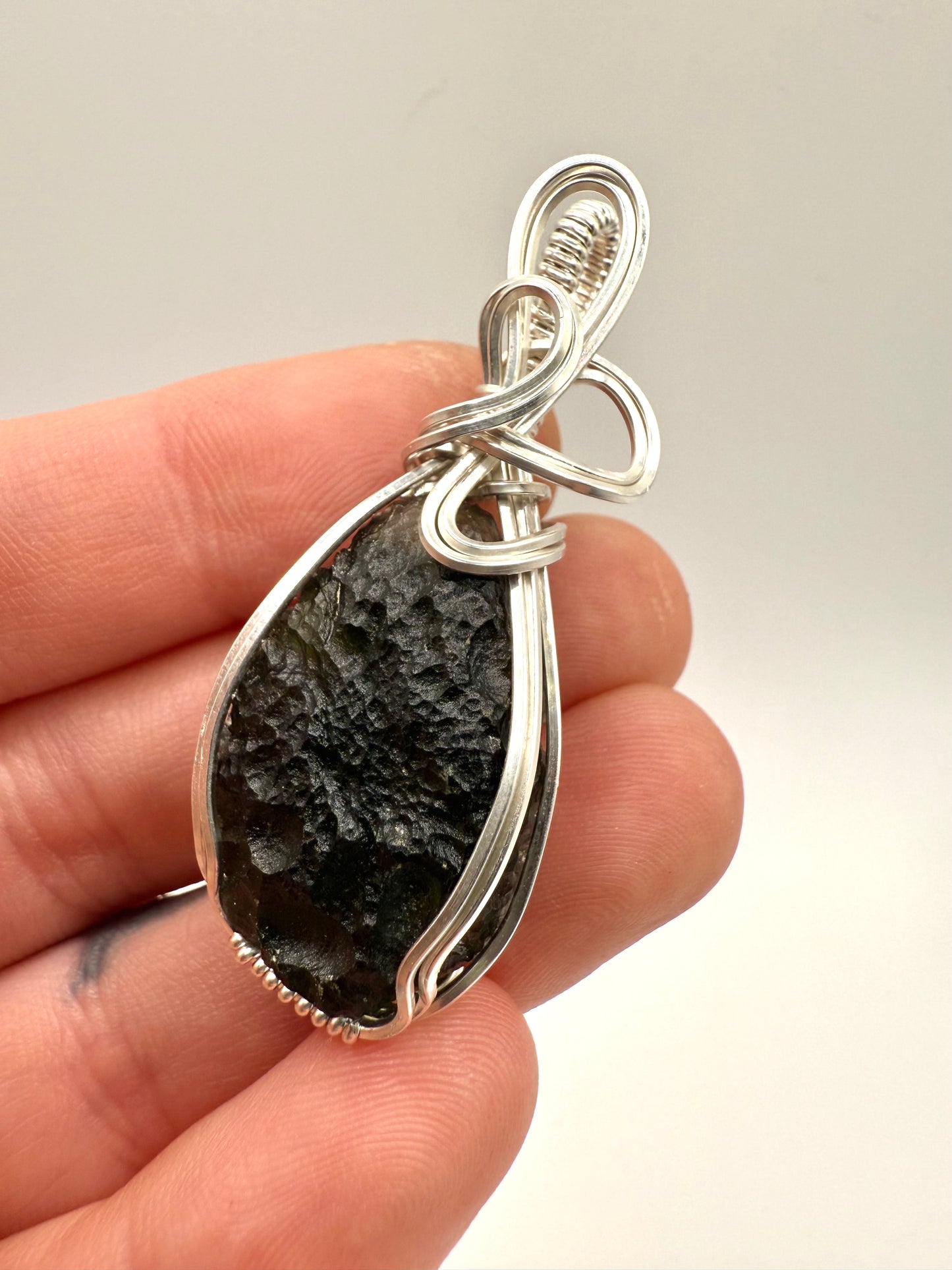P112) Moldavite Pendant Necklace In Sterling Silver