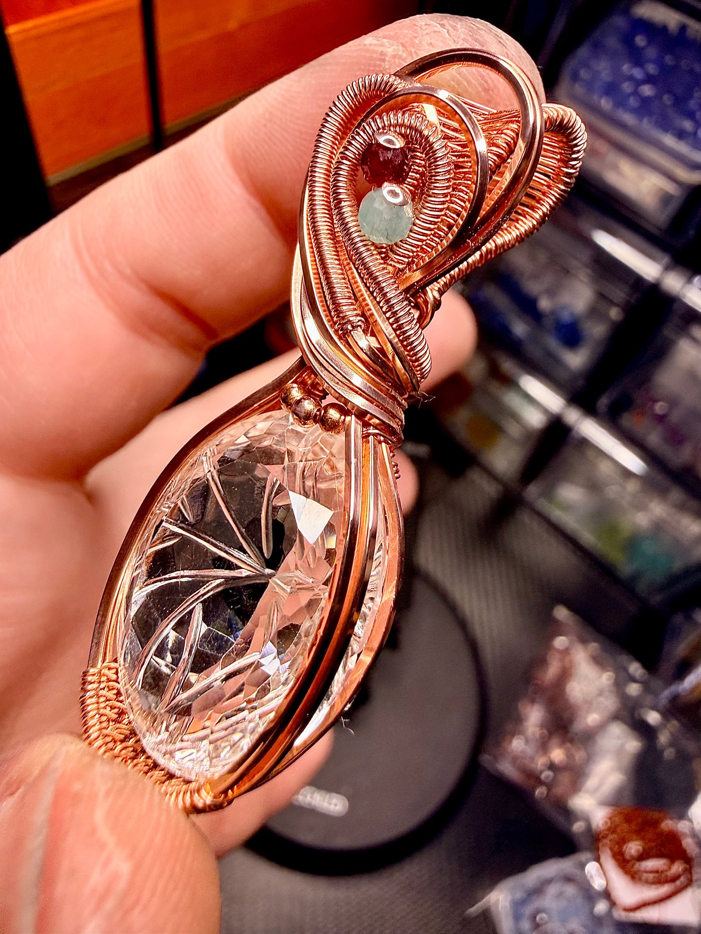 Carved Himalayan Quartz with Red Garnet & Amazonite accents in polished Copper. Himalayan Quartz weight 28.35 carats.