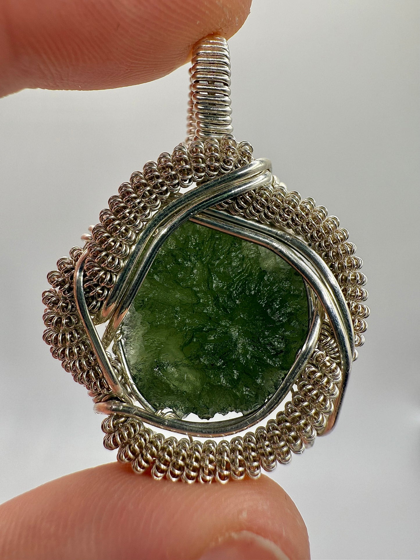 C112) Moldavite Pendant Necklace In Sterling Silver