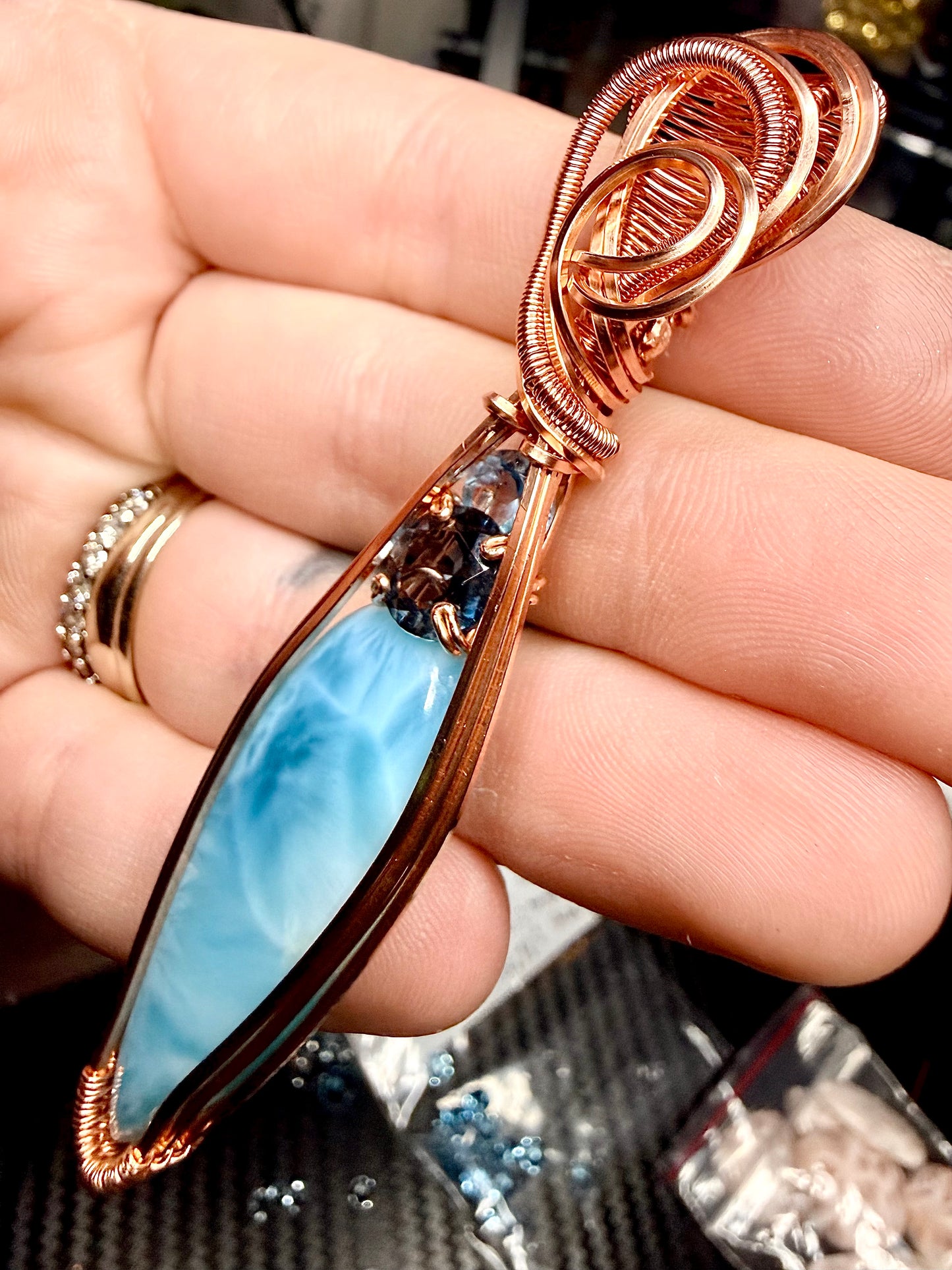 Larimar Pendant In Copper With London Blue Topaz & Sky Blue Topaz Accents