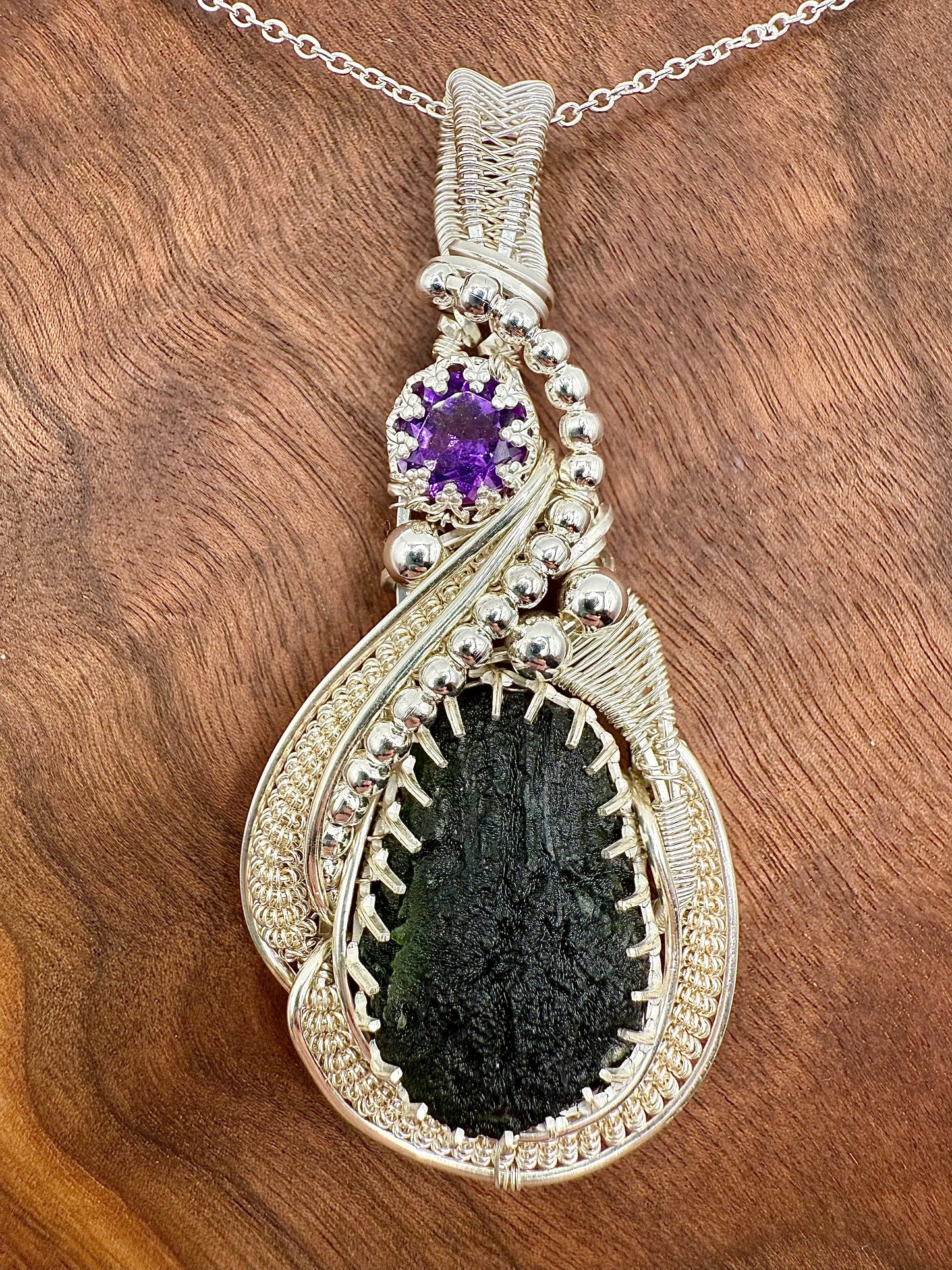 GG33) Moldavite & Amethyst Pendant Necklace In Sterling Silver