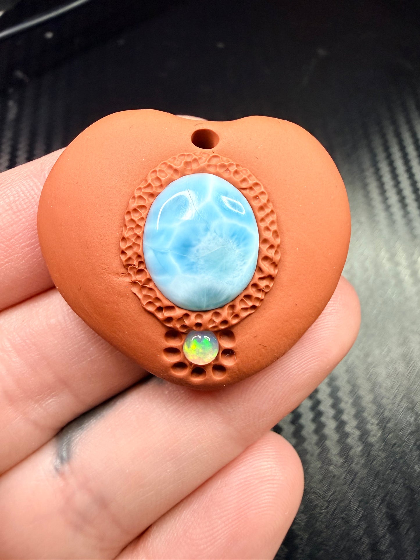 Larimar & Opal Heart Talisman Necklace | Divine Love Amulet | Handmade Clay Spiritual Jewelry | Healing Crystal Pendant | Heart Chakra Energy