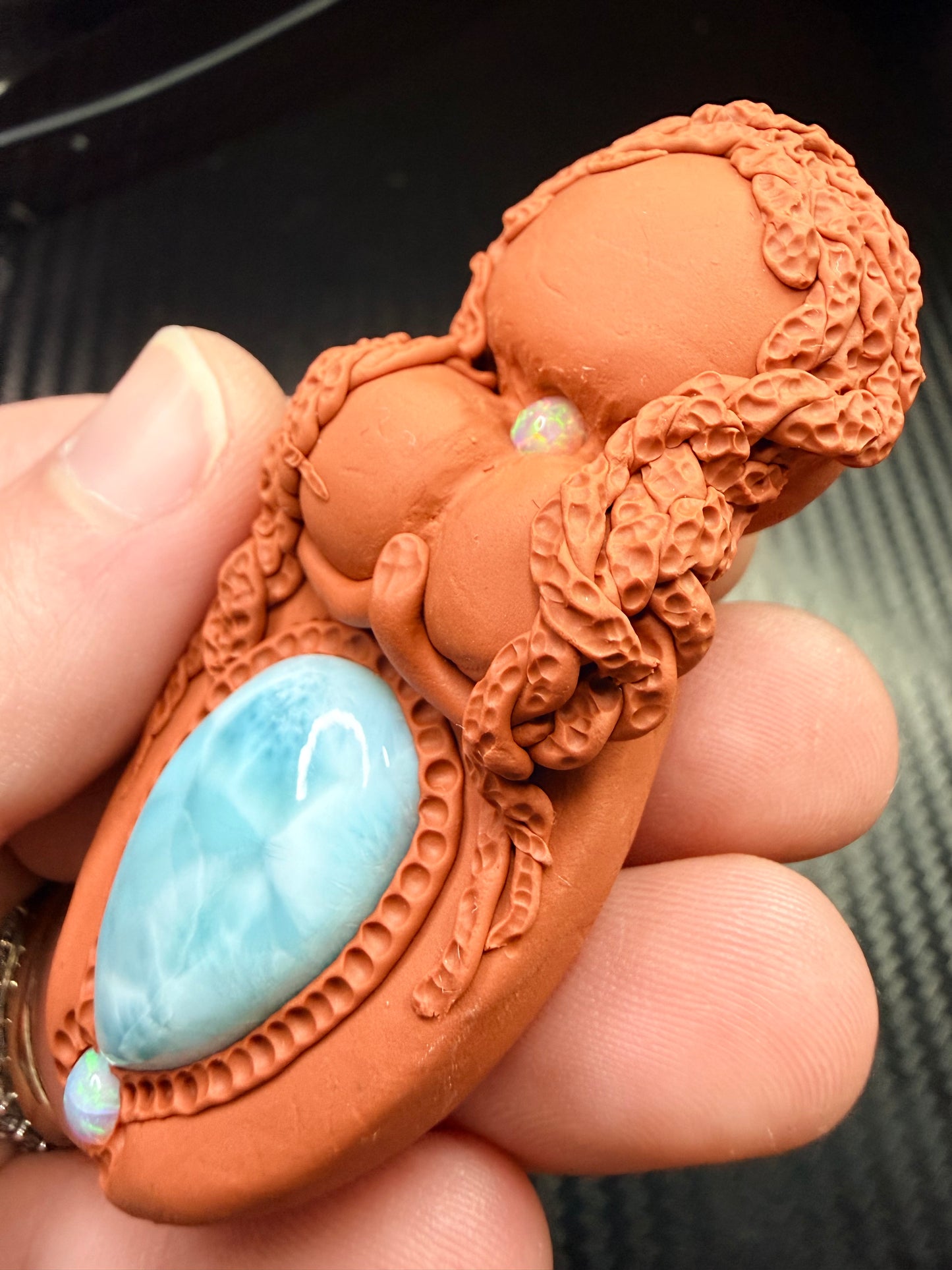 Goddess Talisman Necklace | Larimar & Double Opal | Divine Feminine Healing Amulet | Handmade Clay Spiritual Jewelry | Heart & Womb Energy Pendant