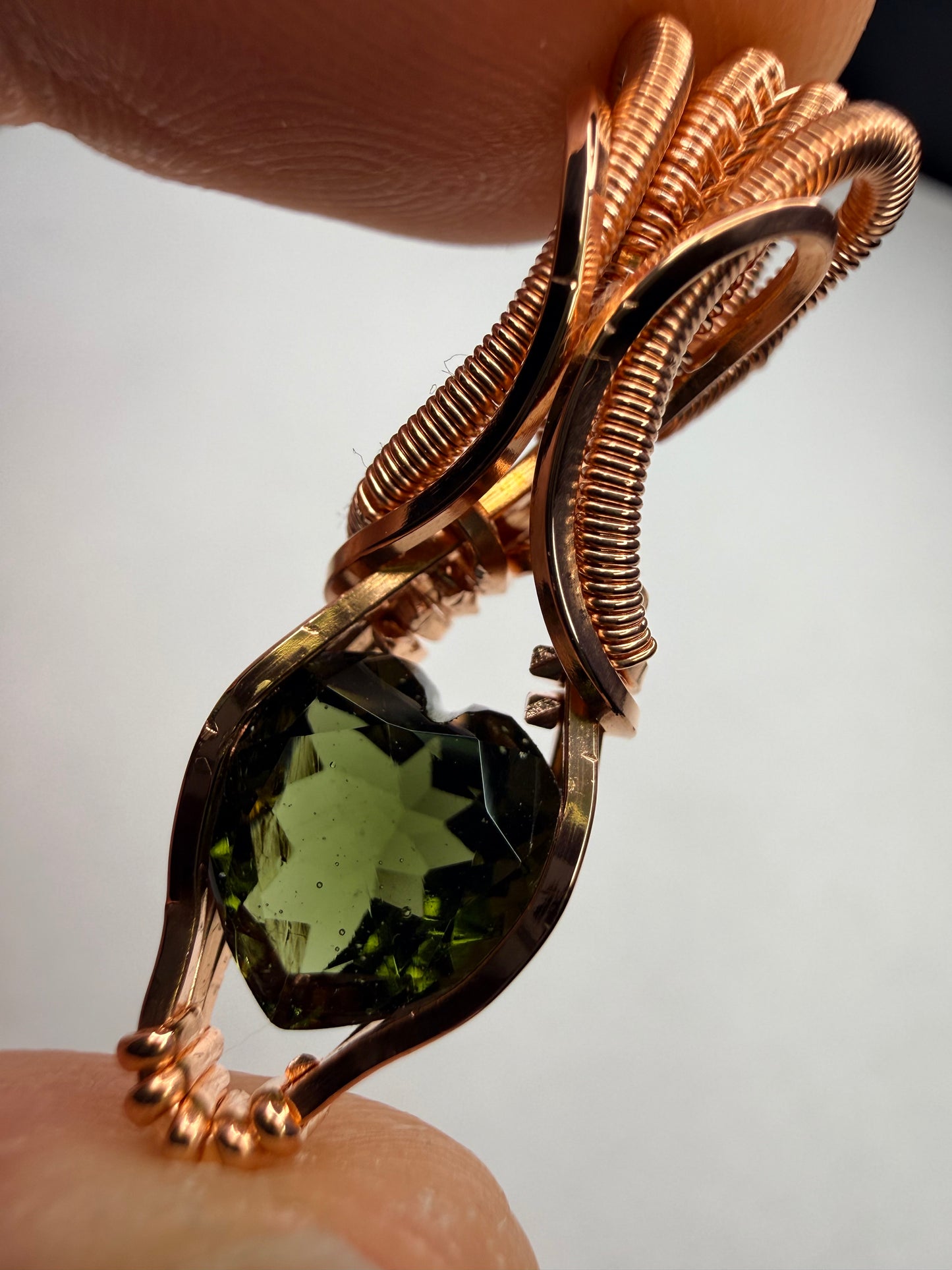 Moldavite Heart Faceted Pendant In Copper
