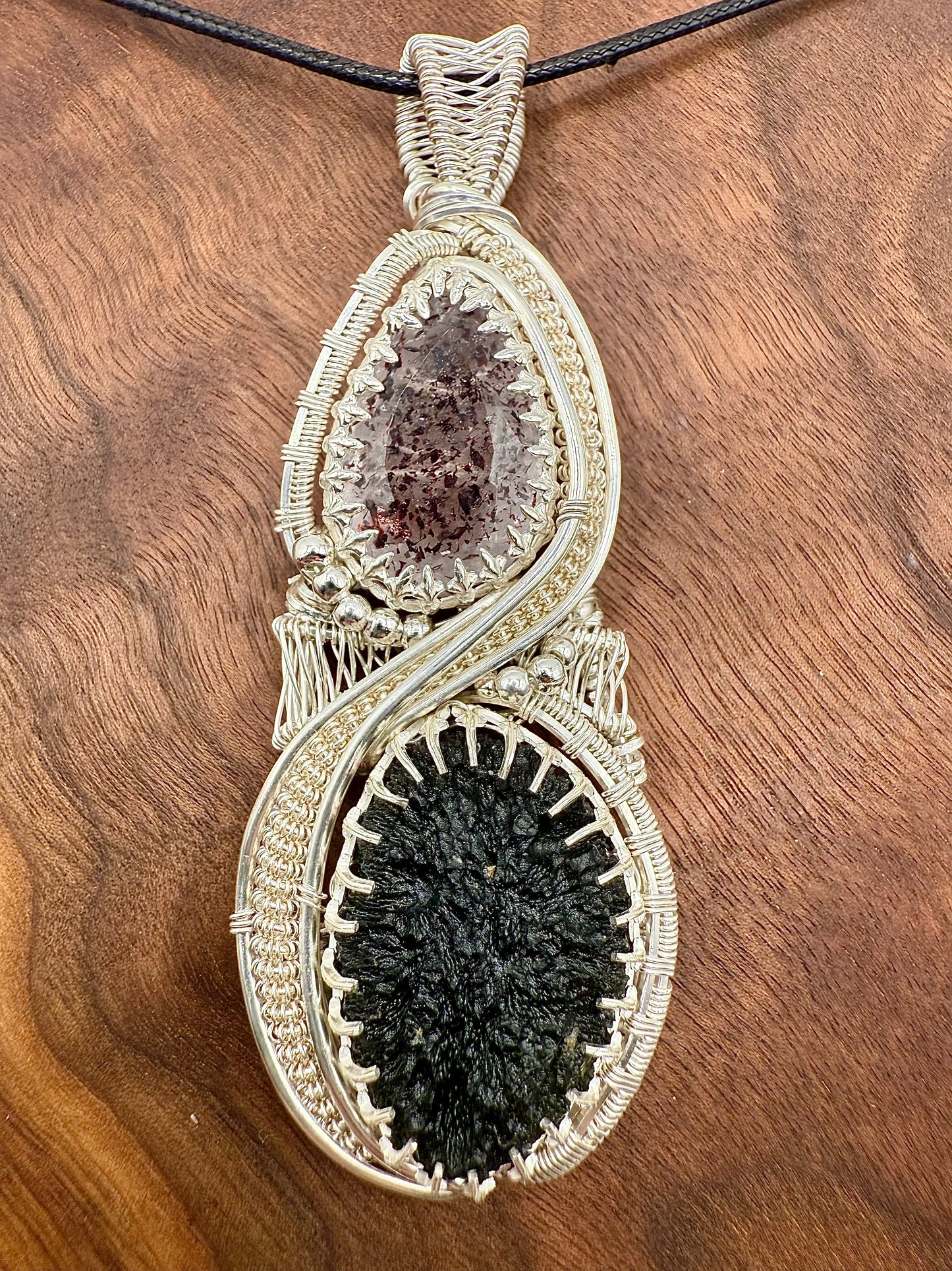 GG33) Large Moldavite & Super 7 Pendant NecklaceIn Sterling Silver