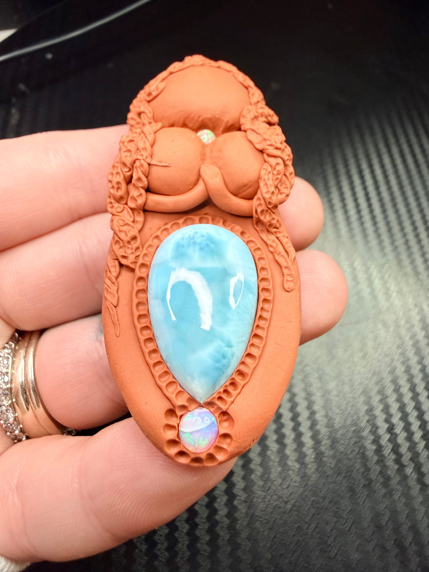 Goddess Talisman Necklace | Larimar & Double Opal | Divine Feminine Healing Amulet | Handmade Clay Spiritual Jewelry | Heart & Womb Energy Pendant