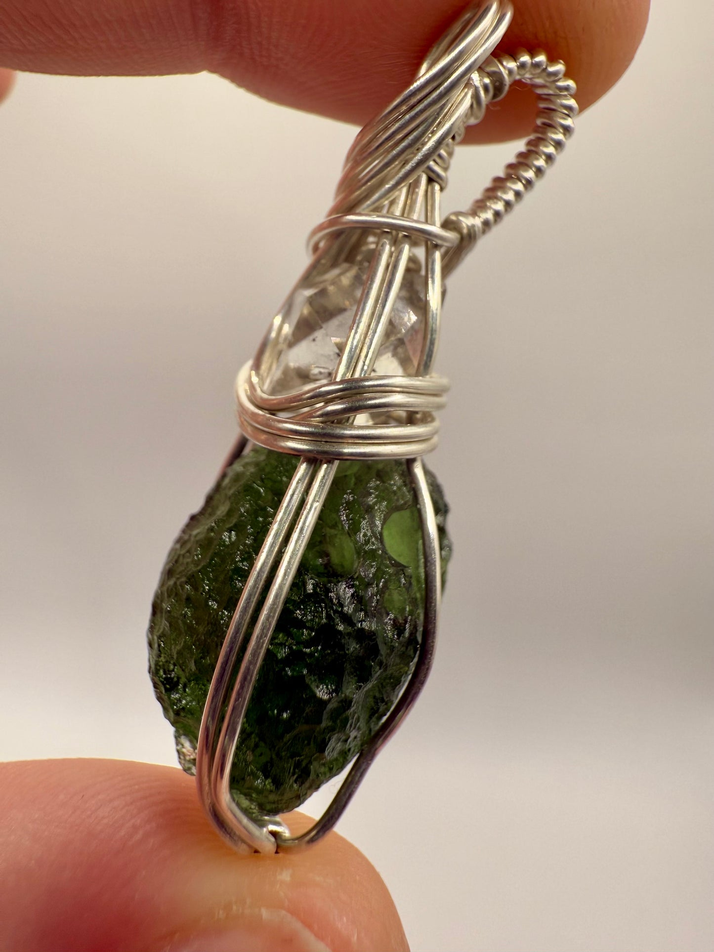 C11) Chlum Moldavite & Herkimer Diamond Pendant Necklace In Sterling Silver