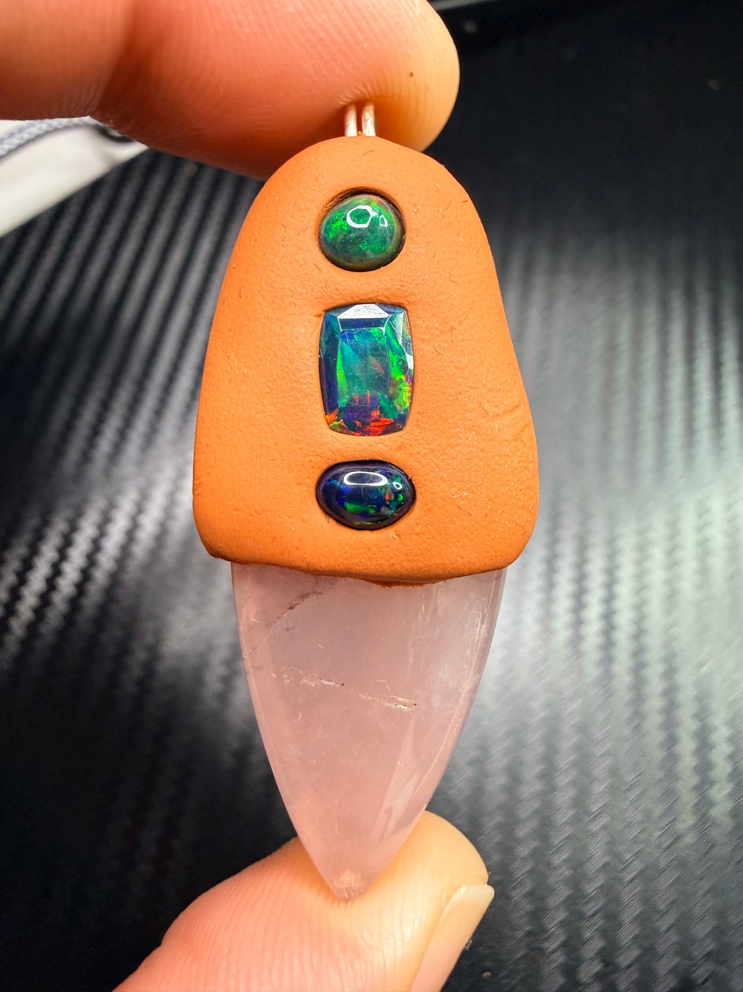 Rose Quartz & Ethiopian Opal Clay Talisman Pendant – Triple Opal Healing Amulet – Love, Light & Emotional Awakening