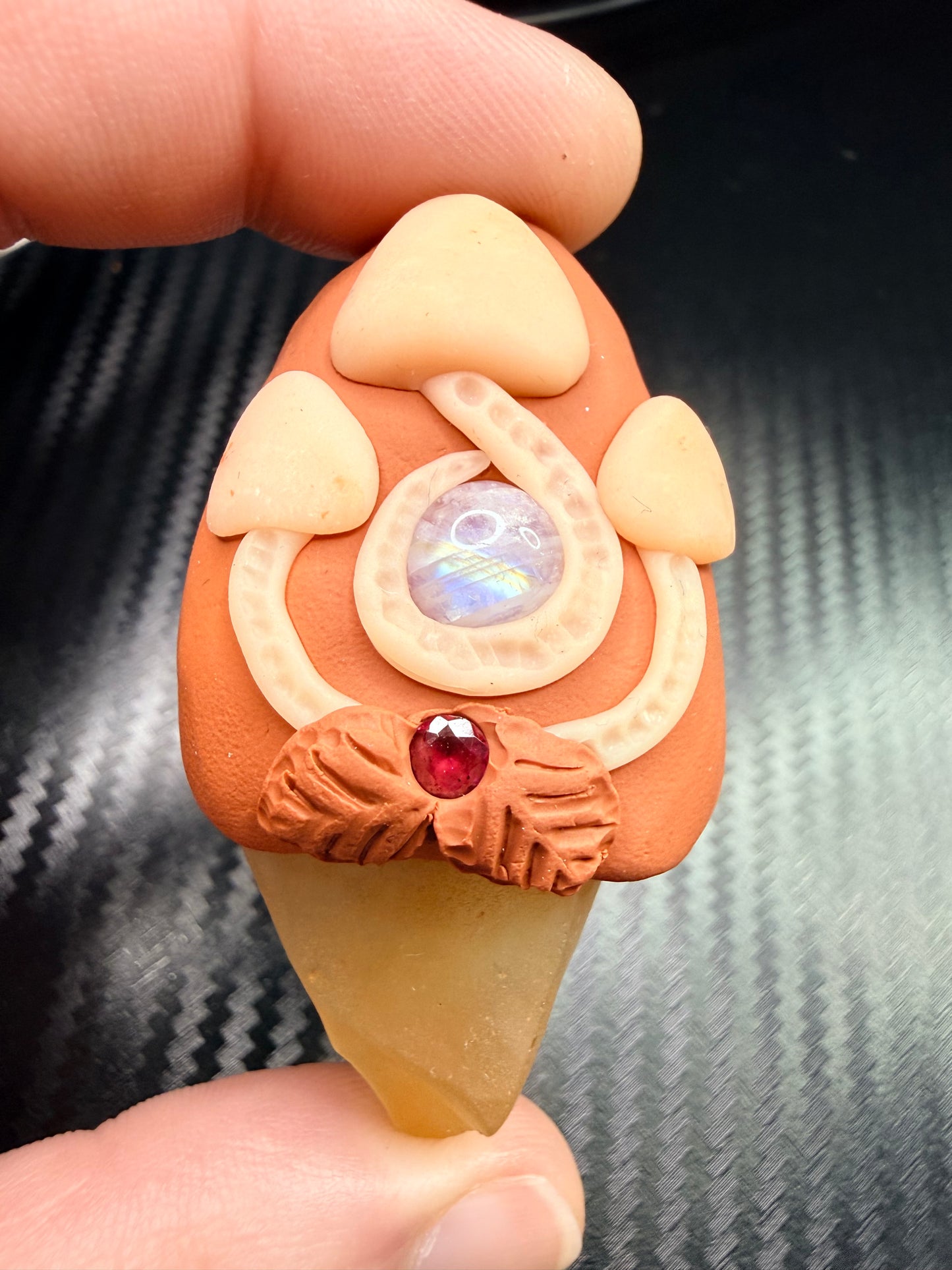 Libyan Desert Glass, Moonstone & Garnet Talisman – Mushroom Spirit Pendant – Handmade Solar & Divine Feminine Energy Amulet