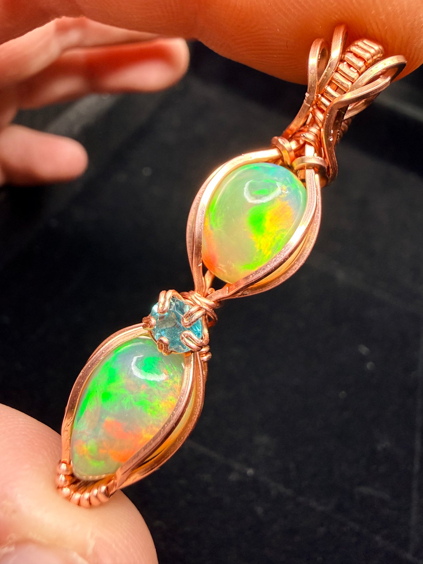 Double Ethiopian Welo Opal & Blue Apatite Pendant In Copper