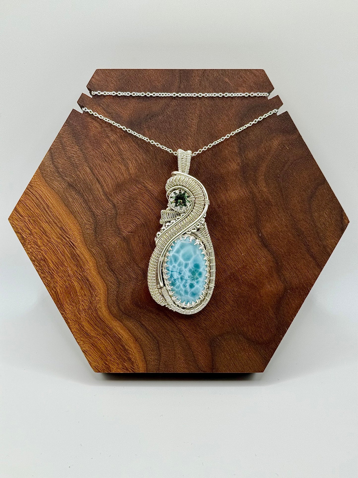 F112) Large Larimar & Green Mossanite Pendant Necklace In Sterling Silver
