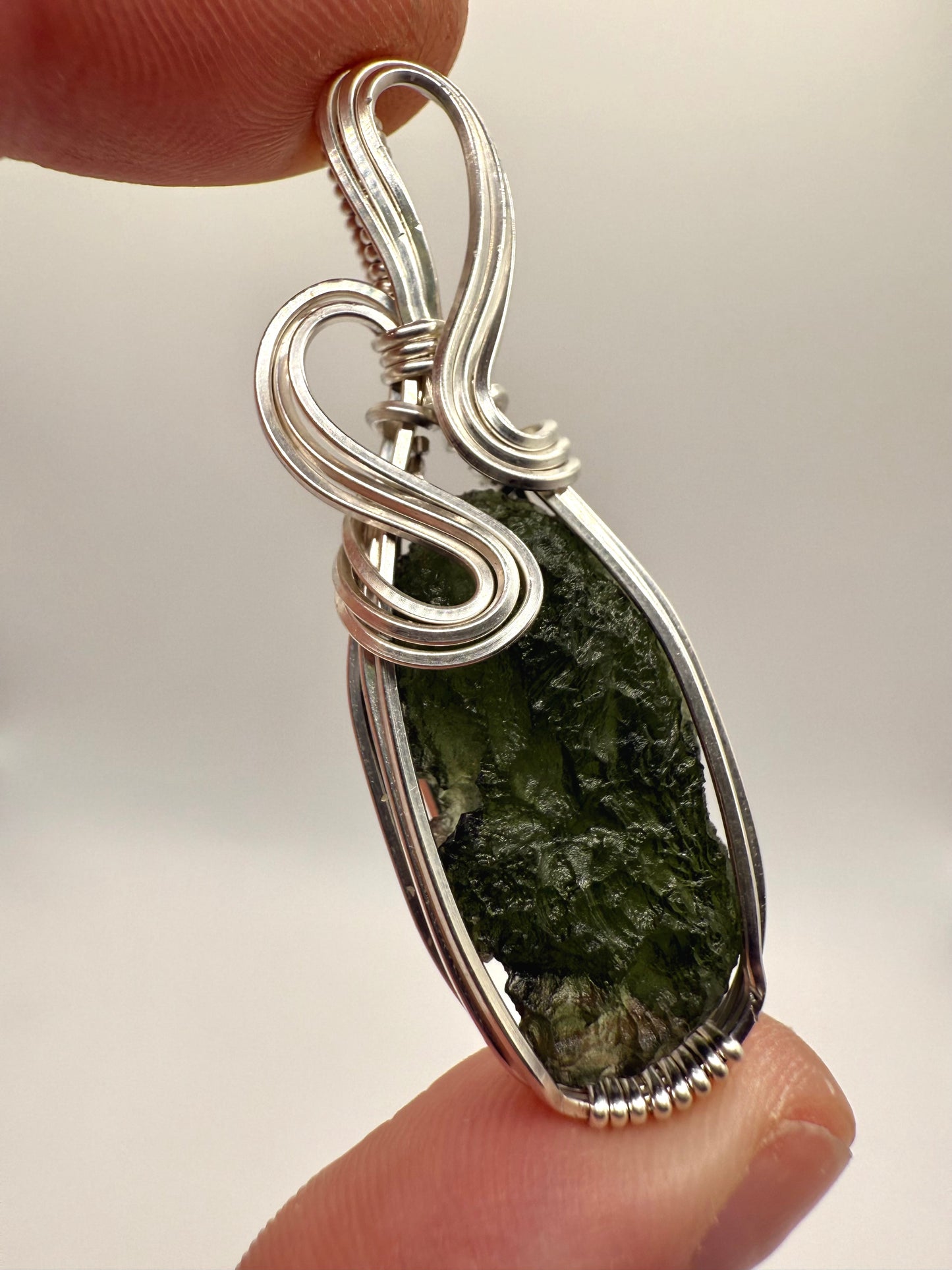 P112) Moldavite Pendant Necklace In Sterling Silver