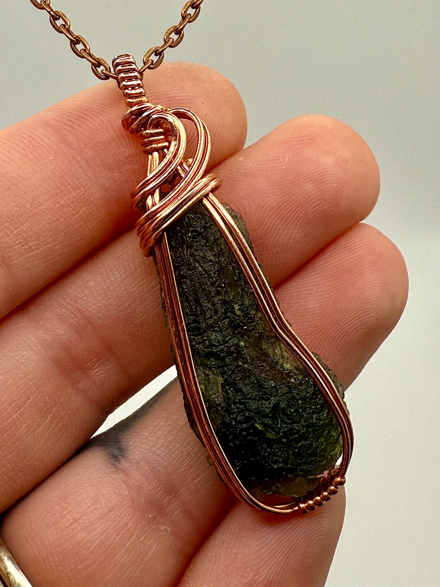 B112) Moldavite Pendant Necklace In Copper