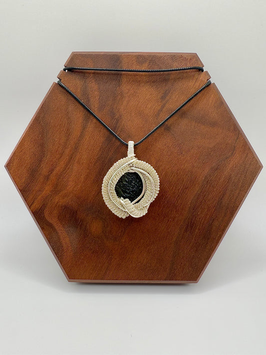 C11) Moldavite Pendant Necklace In Sterling Silver