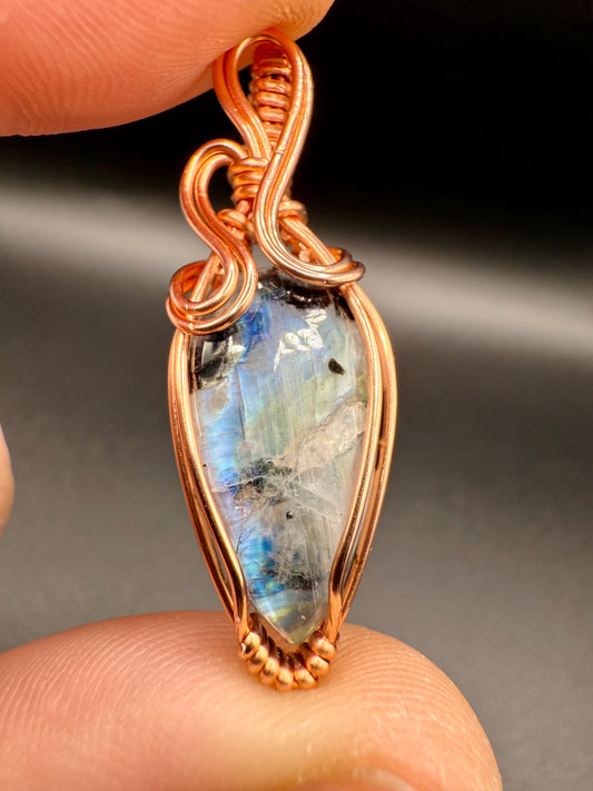 A1.) Christmas Special Moonstone with Black Tourmaline Inclusions In Copper