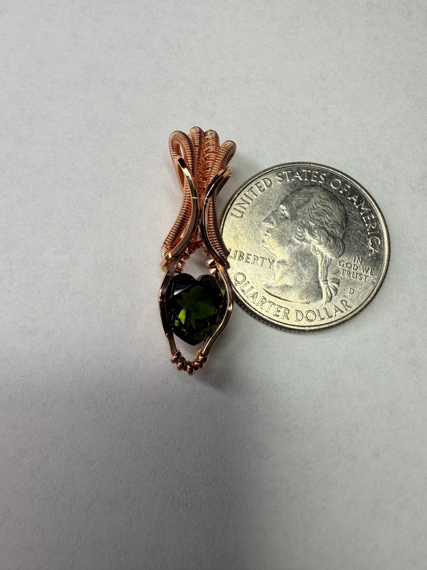 Moldavite Heart Faceted Pendant In Copper