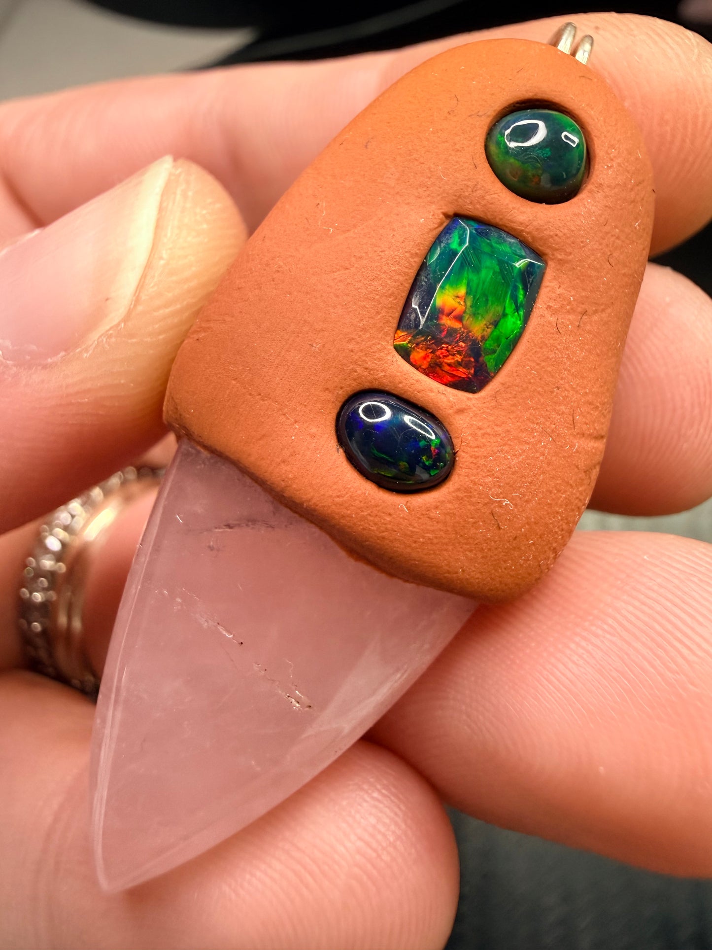Rose Quartz & Ethiopian Opal Clay Talisman Pendant – Triple Opal Healing Amulet – Love, Light & Emotional Awakening